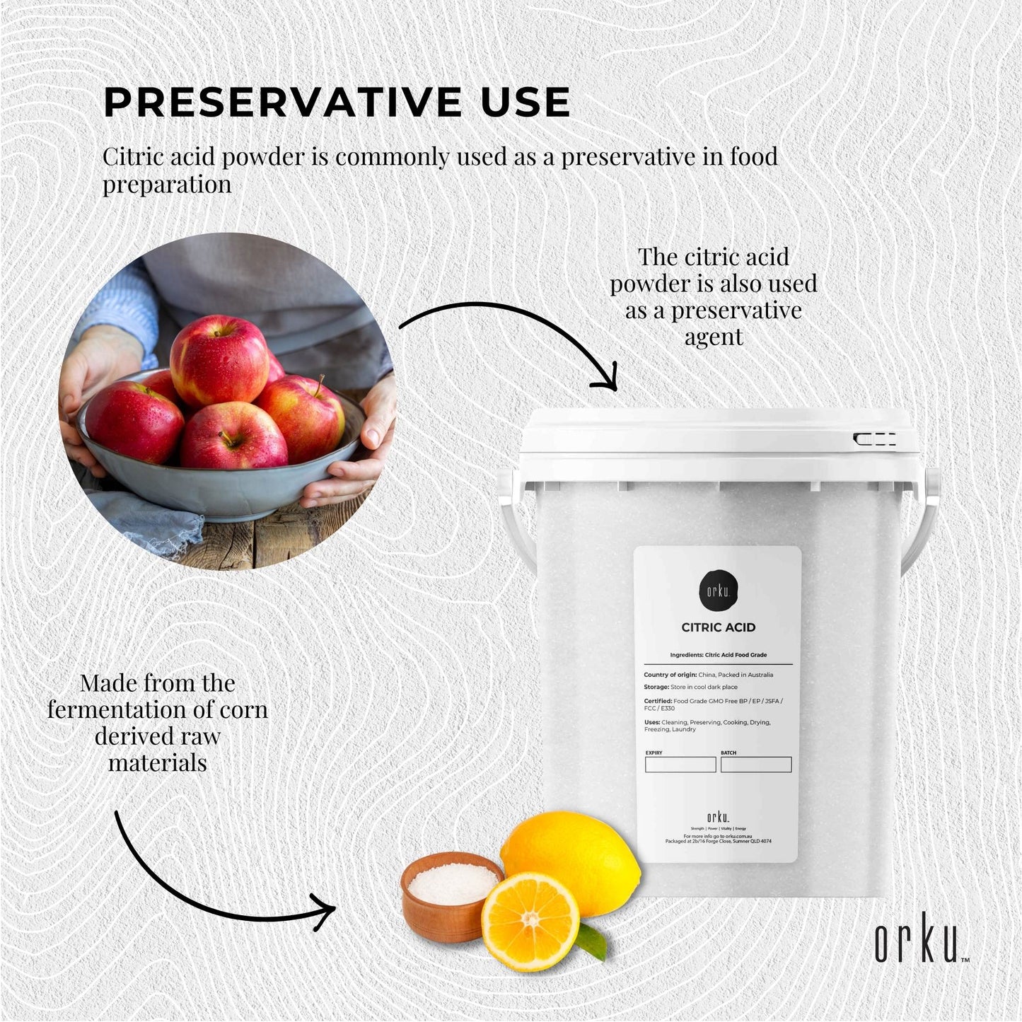 Hlpmedical Orku 1.2kg citric acid powder tub, food grade non-GMO anhydrous preservative, for health and nutritional use.