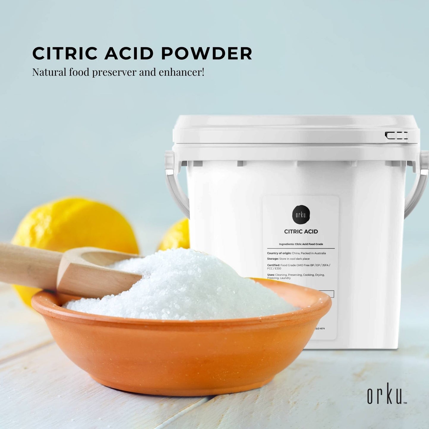 Hlpmedical Orku 5kg citric acid powder tub, food grade non-GMO anhydrous preservative for health and nutritional use