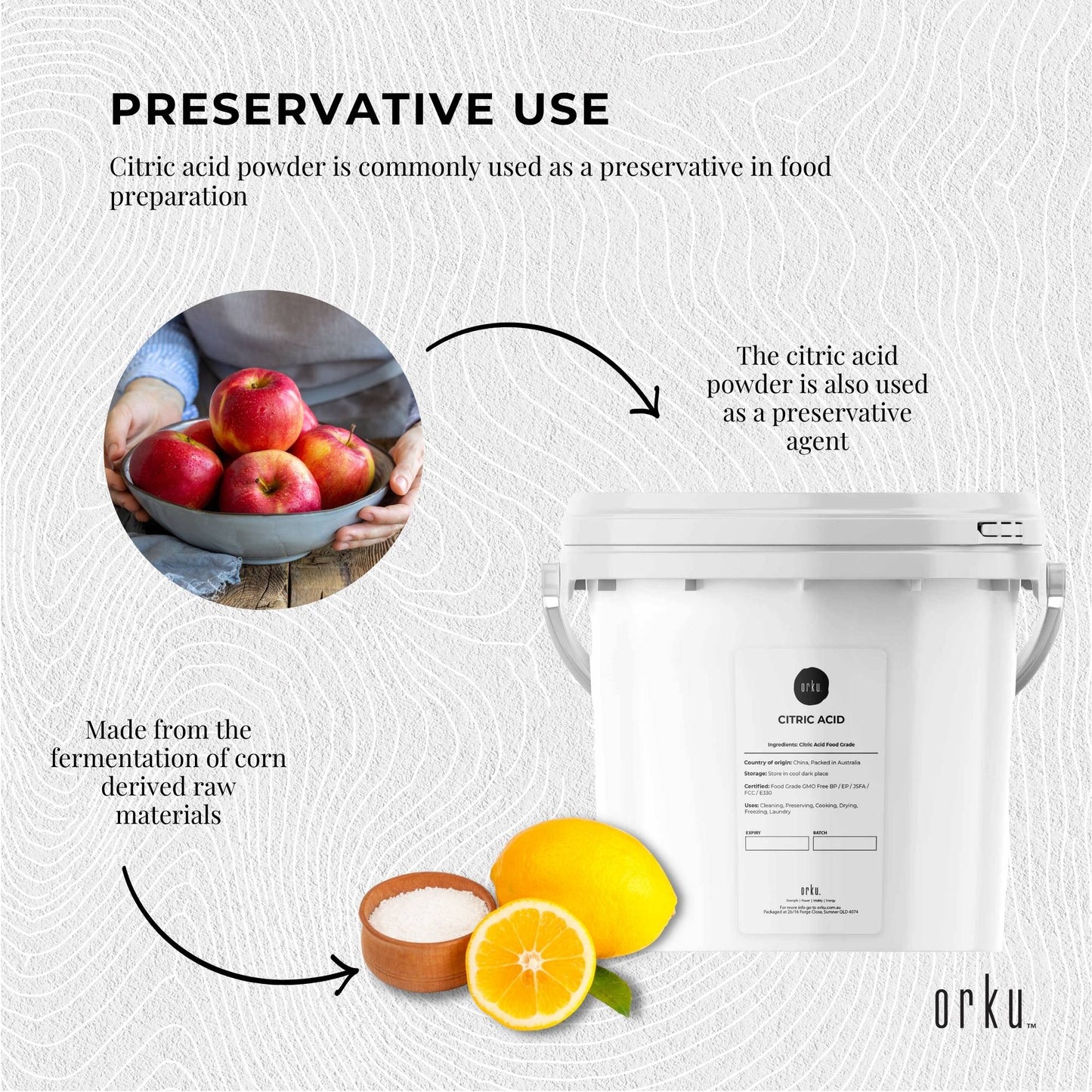 Hlpmedical Orku 5kg citric acid powder tub, food grade non-GMO anhydrous preservative, for nutrition and supplement use