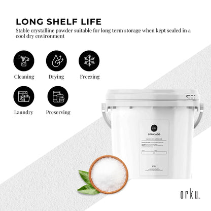 Hlpmedical Orku 5kg food-grade citric acid powder tub, non-GMO, anhydrous preservative for health and nutrition applications.