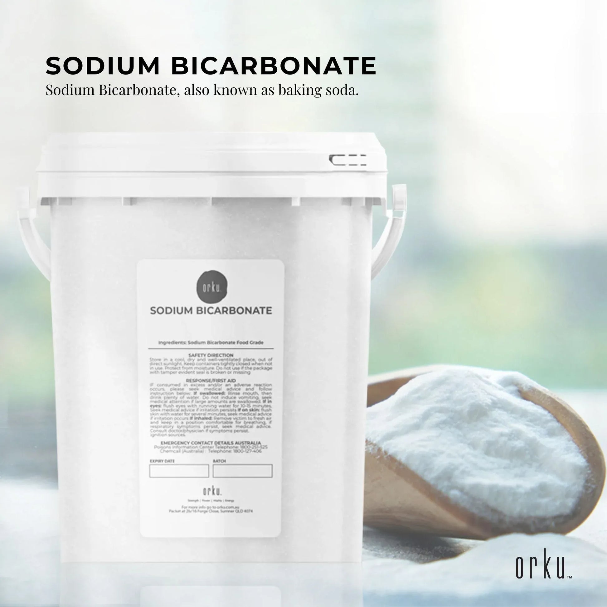 Hlpmedical Orku 1.3kg food-grade sodium bicarbonate baking soda tub, aluminum-free, used for baking and health remedies.