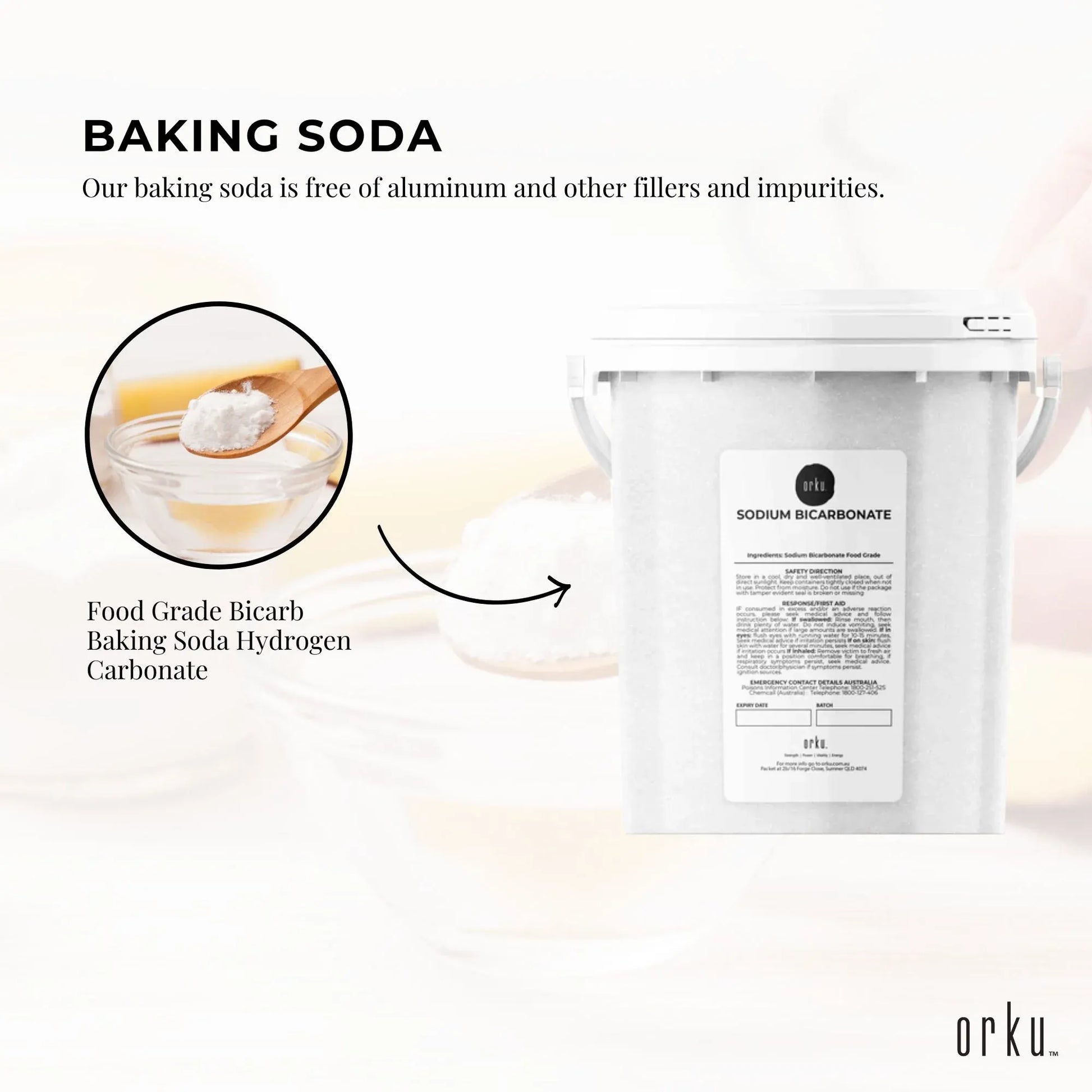 Hlpmedical Orku 1.3kg sodium bicarbonate food grade baking soda in a tub, aluminium free powder for health and beauty use