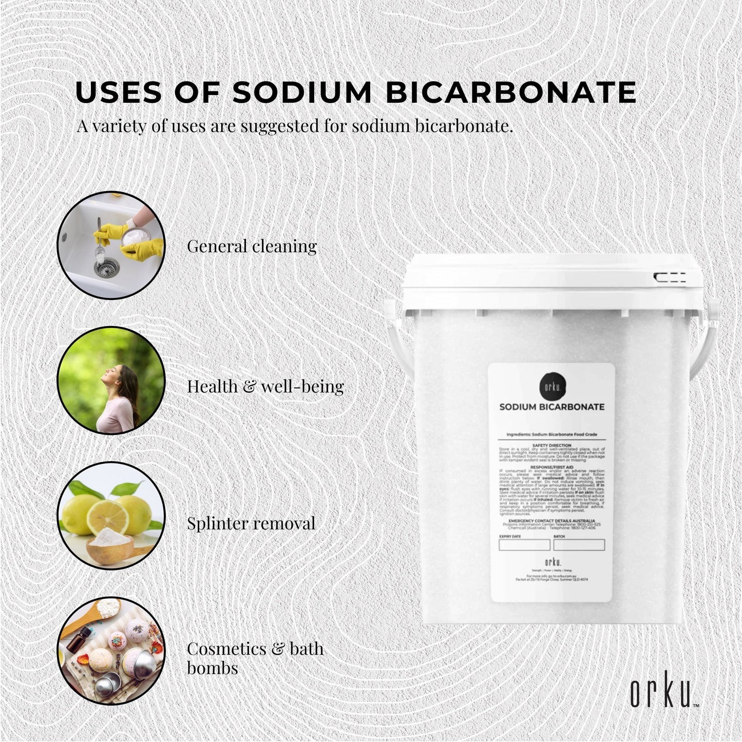 Hlpmedical Orku 1.3kg food grade sodium bicarbonate baking soda in a tub, aluminium free powder for health and wellness.