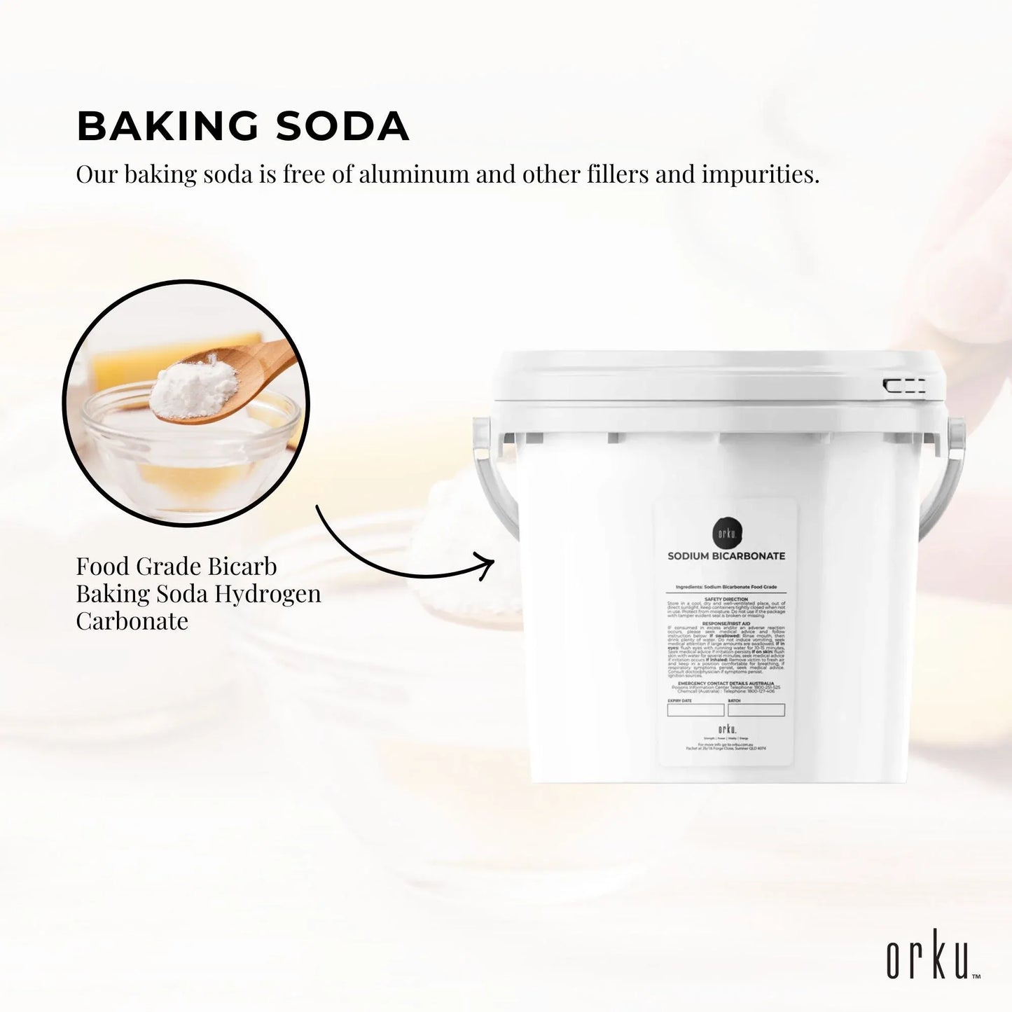 Hlpmedical Orku 5kg food grade sodium bicarbonate baking soda powder, aluminum-free for health and nutritional use