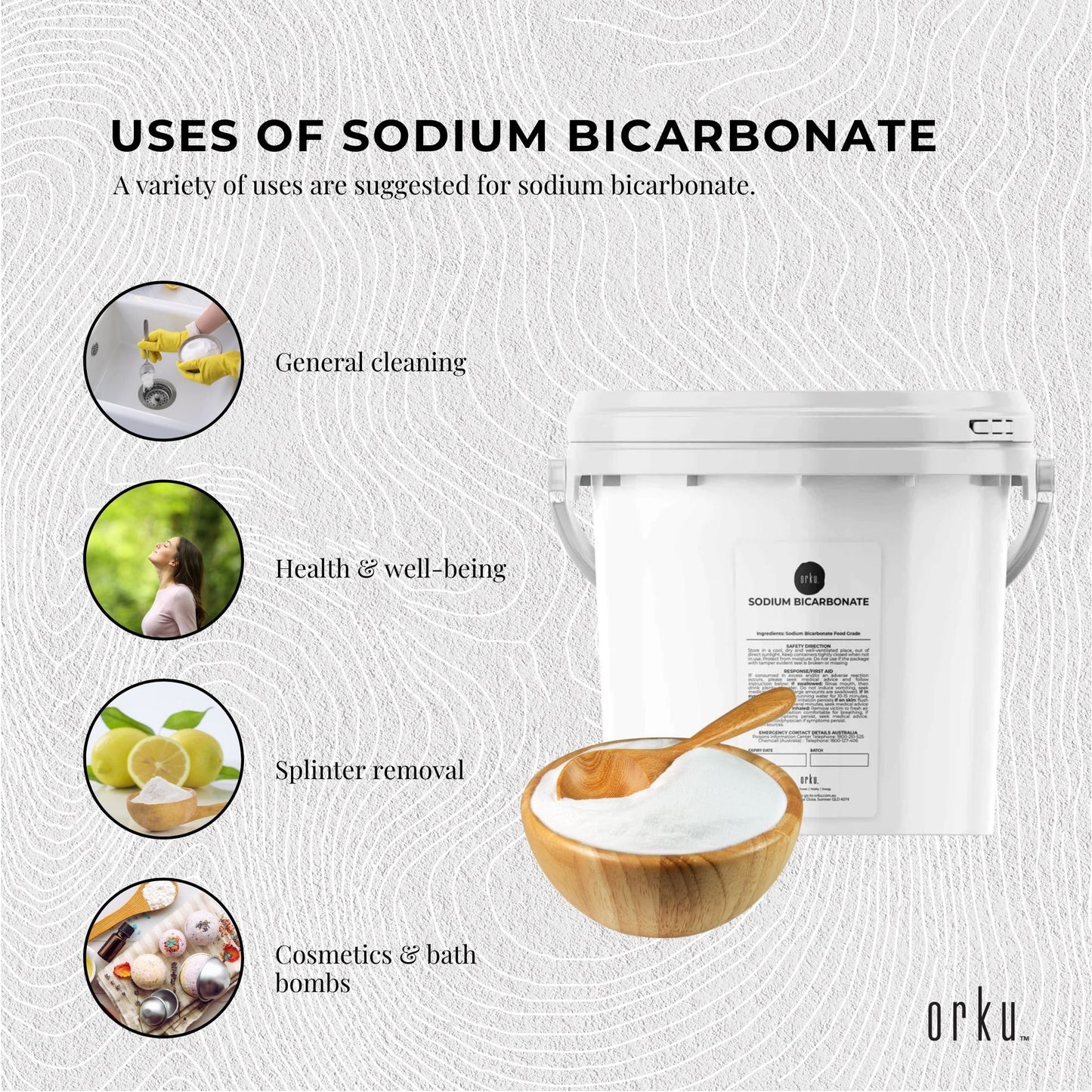 Hlpmedical Orku 5kg food-grade sodium bicarbonate baking soda tub, aluminum-free powder for health and beauty uses