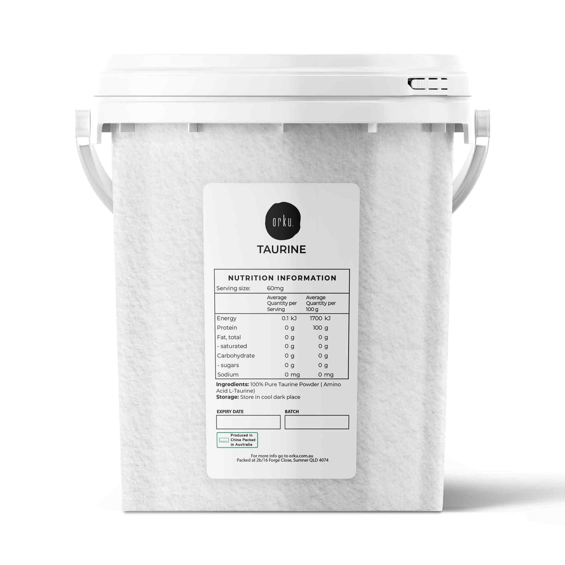 Hlpmedical Orku 1.3kg Taurine Powder tub showcasing high purity L-Taurine amino acid supplement for health and nutrition.