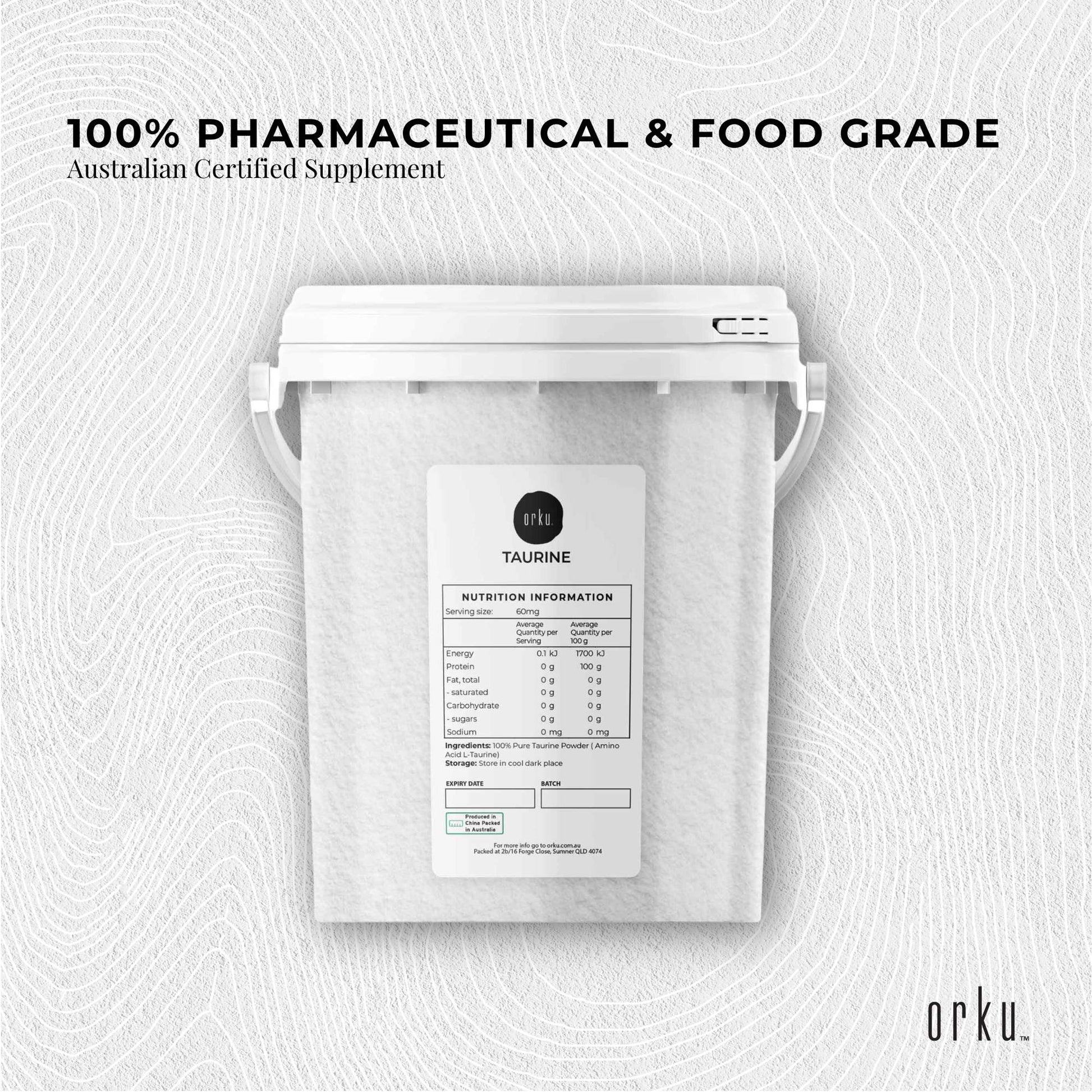 Hlpmedical Orku 1.3kg Taurine Powder tub showing the high purity L-Taurine amino acid supplement in a white container