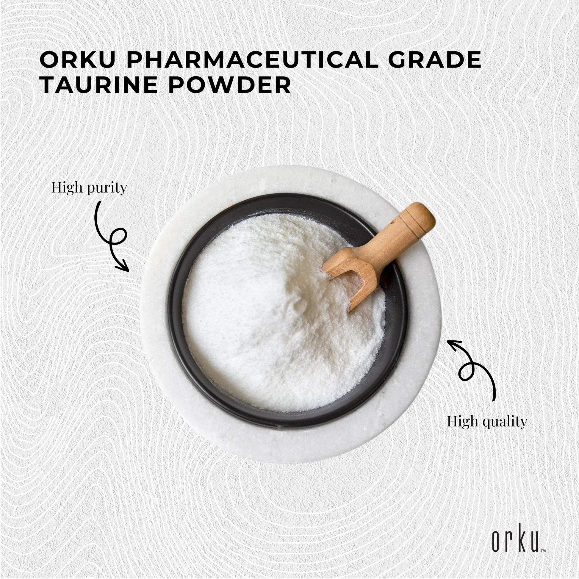 Orku 1.3kg Hlpmedical Taurine Powder tub showing high purity L-Taurine amino acid supplement for health and nutrition