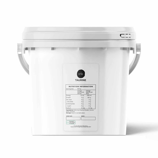 Orku 5kg Taurine Powder tub by Hlpmedical showing high purity L-Taurine amino acid supplement for health and nutrition.