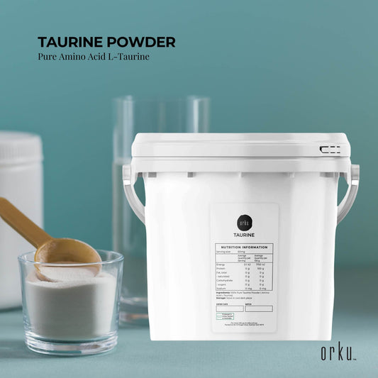 Hlpmedical Orku 5kg Taurine Powder tub showing high purity L-Taurine amino acid supplement for health and fitness.