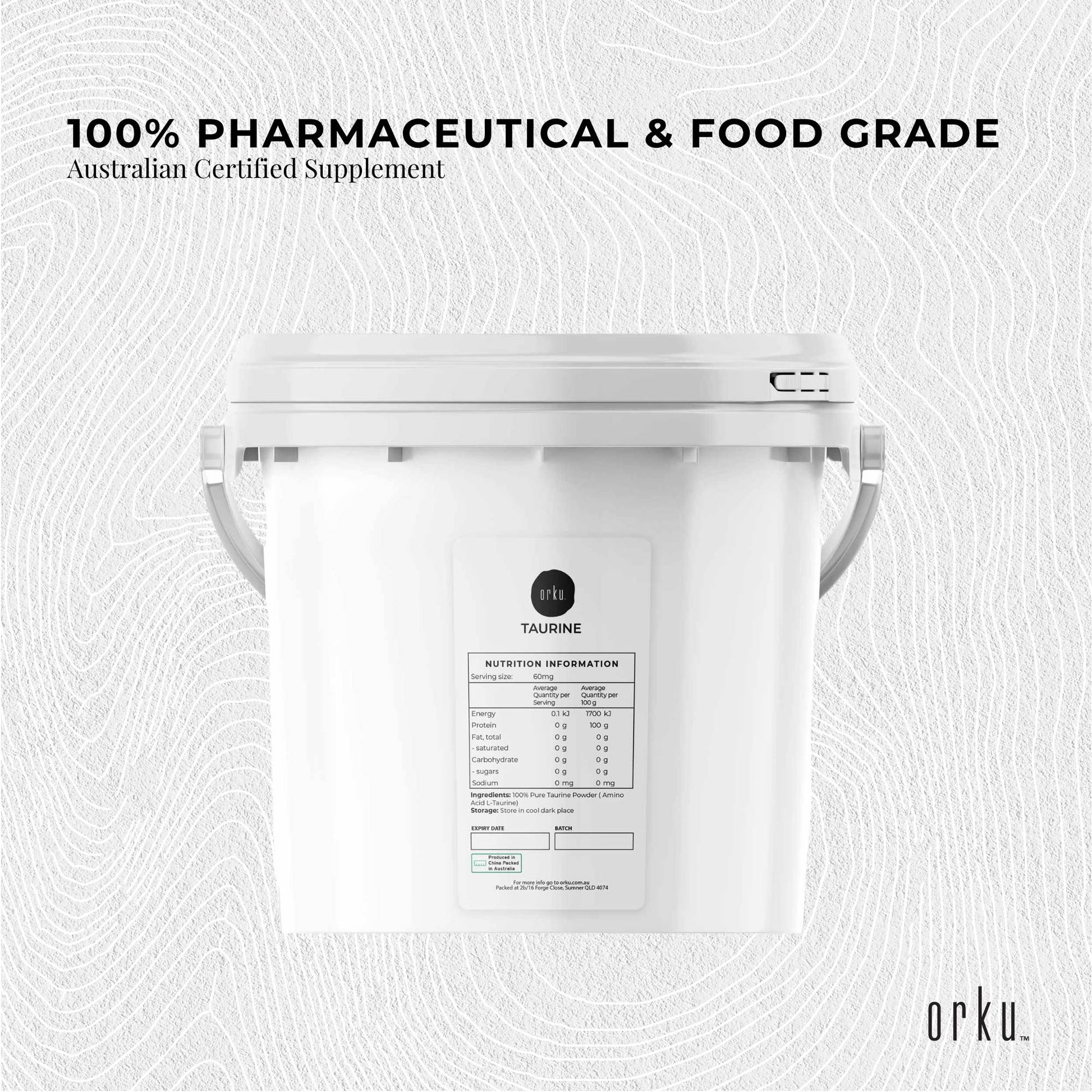 Hlpmedical Orku 5kg Taurine Powder tub showing high-purity L-Taurine amino acid supplement in a large container