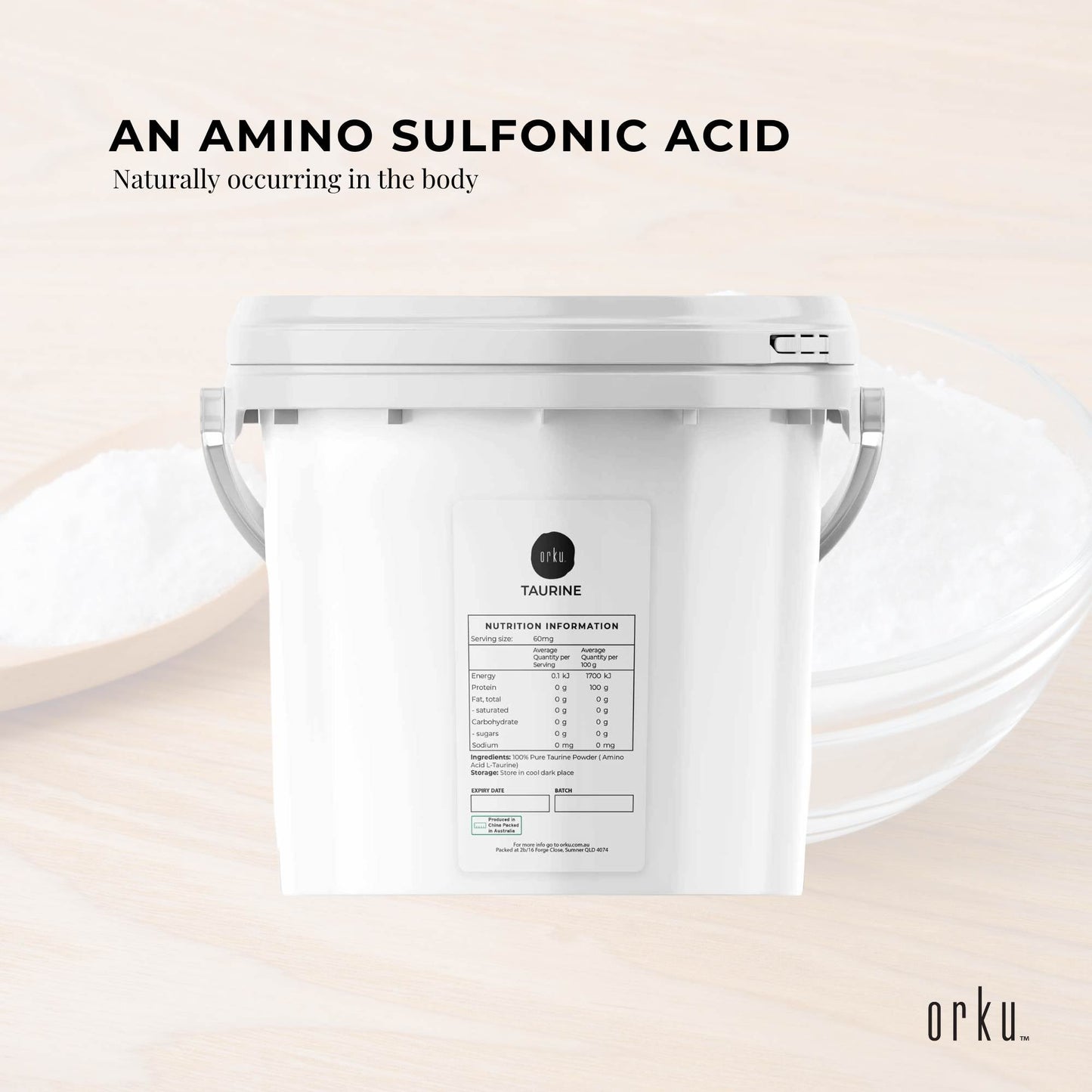 Hlpmedical Orku 5kg Taurine Powder tub with high purity L-Taurine amino acid supplement for health and nutrition.