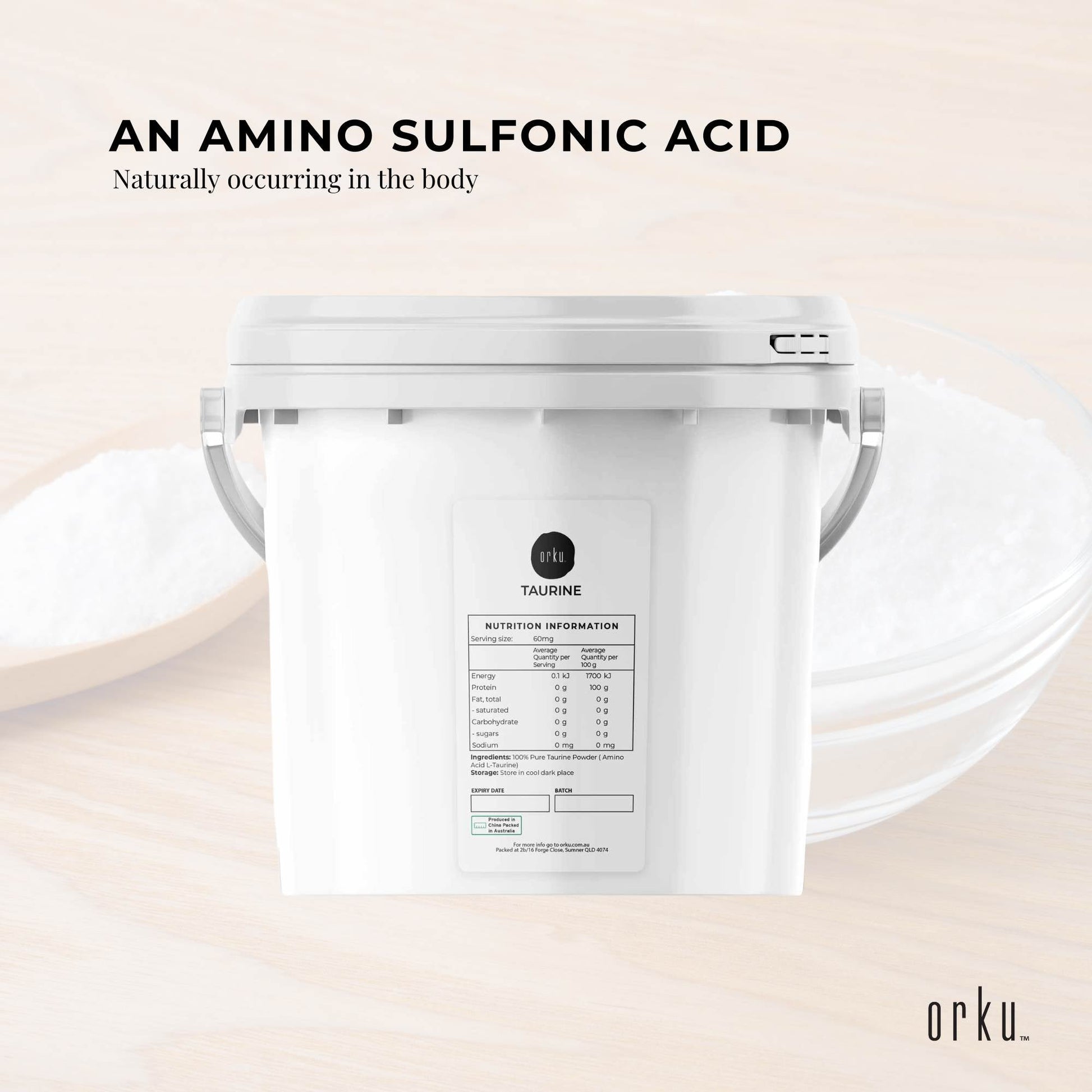 Hlpmedical Orku 5kg Taurine Powder tub with high purity L-Taurine amino acid supplement for health and nutrition.