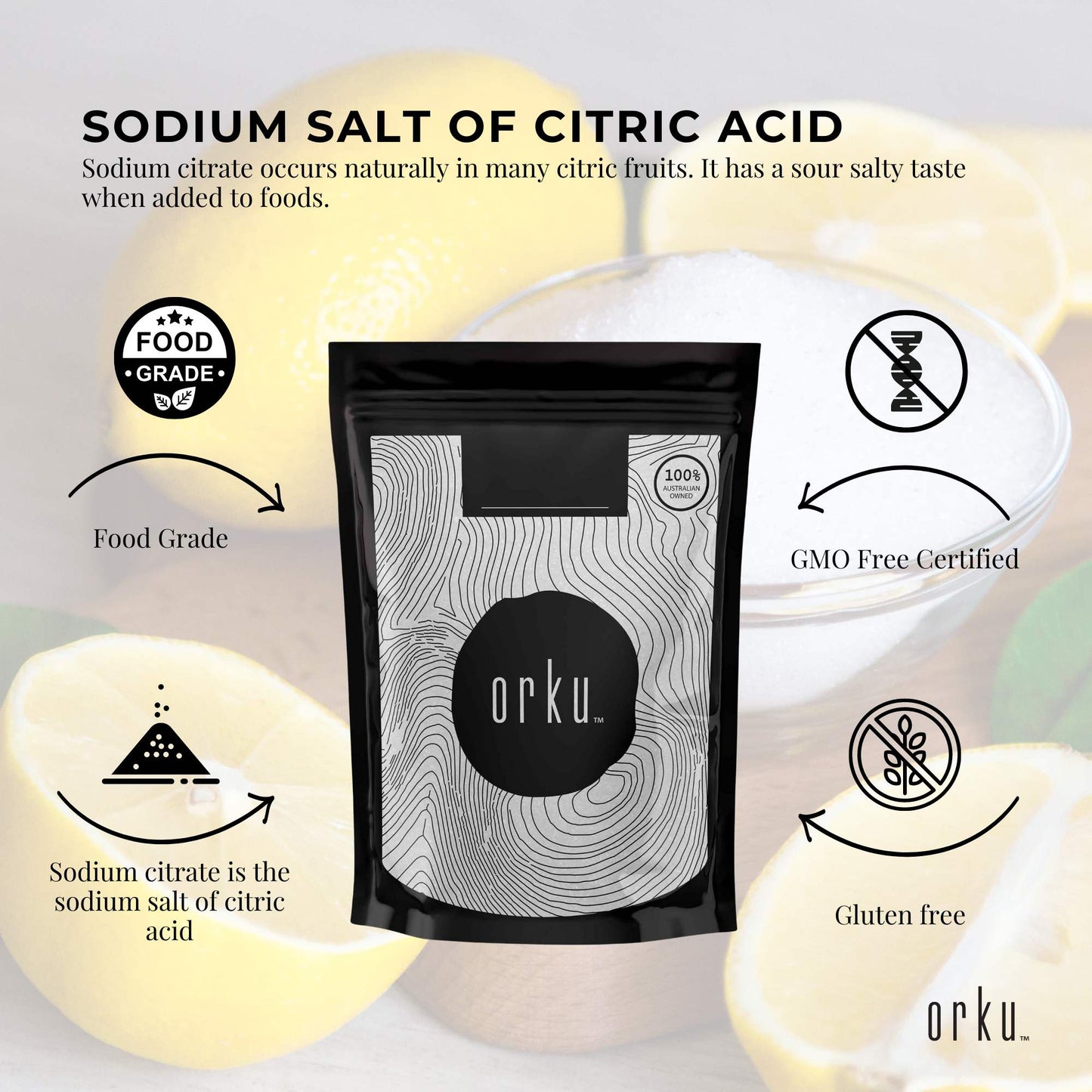 Hlpmedical 100g sodium citrate powder, food grade salt preservative, in a clear measuring scoop on a white background