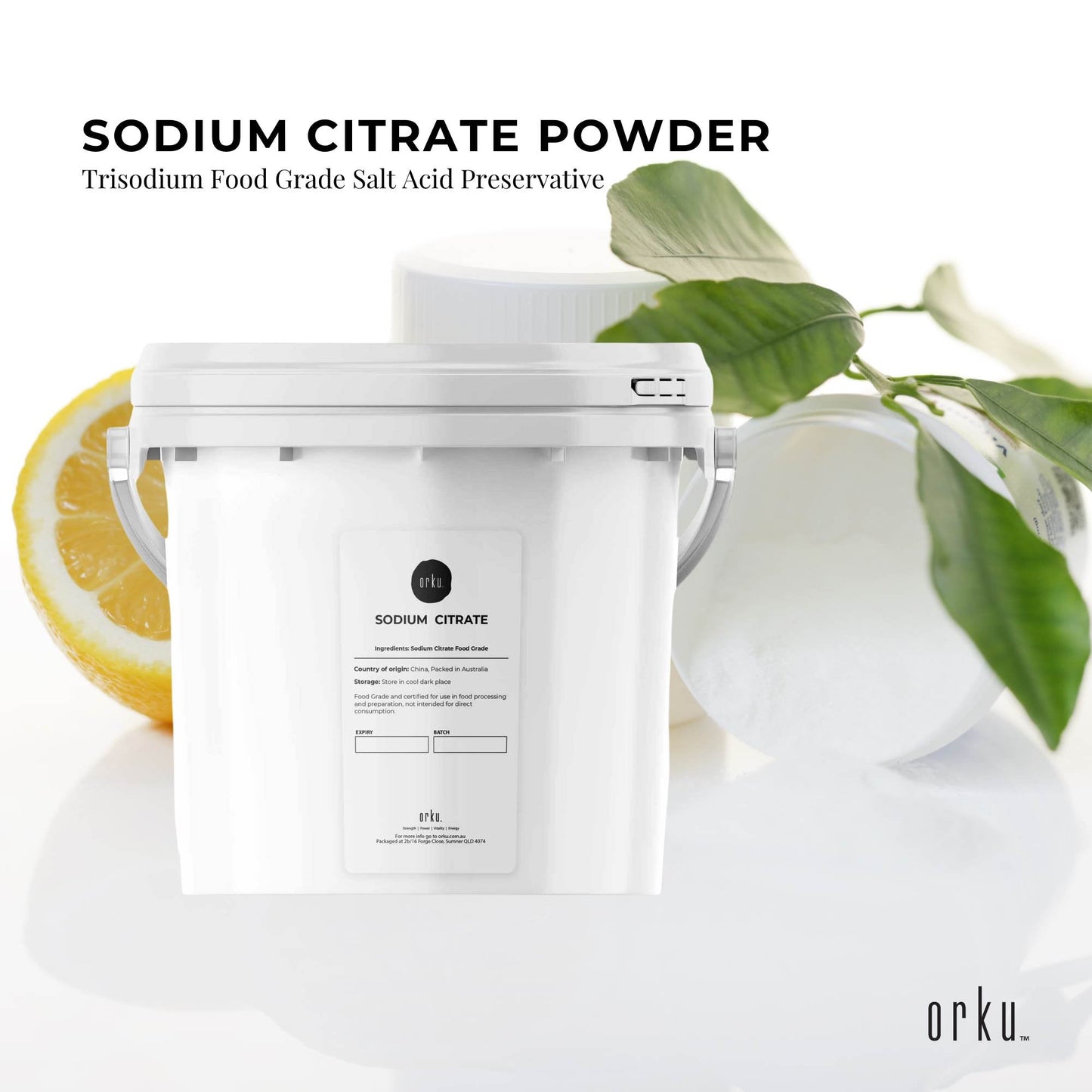 Hlpmedical 5Kg sodium citrate powder tub, food grade trisodium salt used as a preservative and dietary supplement in health and nutrition.