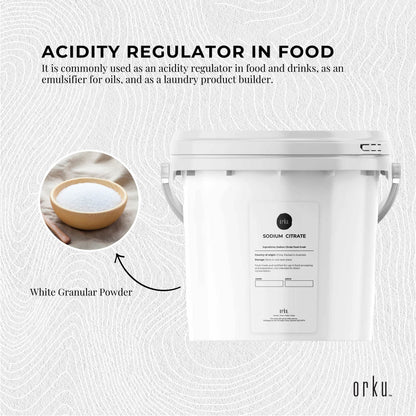 Hlpmedical 5kg sodium citrate powder tub, food grade trisodium salt, used as a preservative and dietary supplement in health and nutrition.