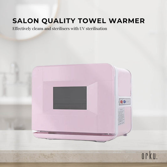 Hlpmedical Orku 8L pink electric towel warmer and UV steriliser cabinet, salon heat sanitiser for health and beauty use.