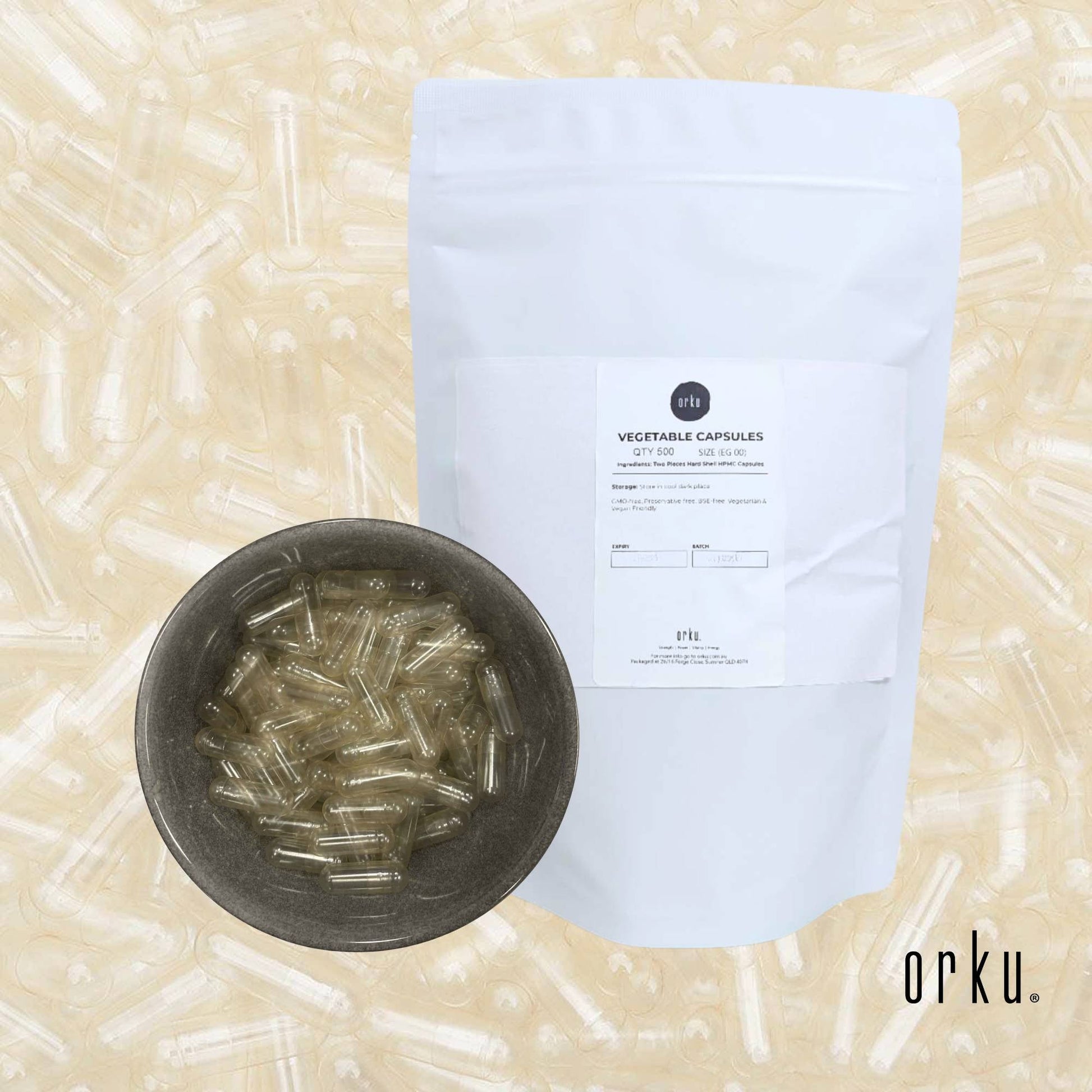 Empty vegan Orku 500x Size 00 vegetable capsules from Hlpmedical, clear, unfilled capsules for supplements or vitamins.