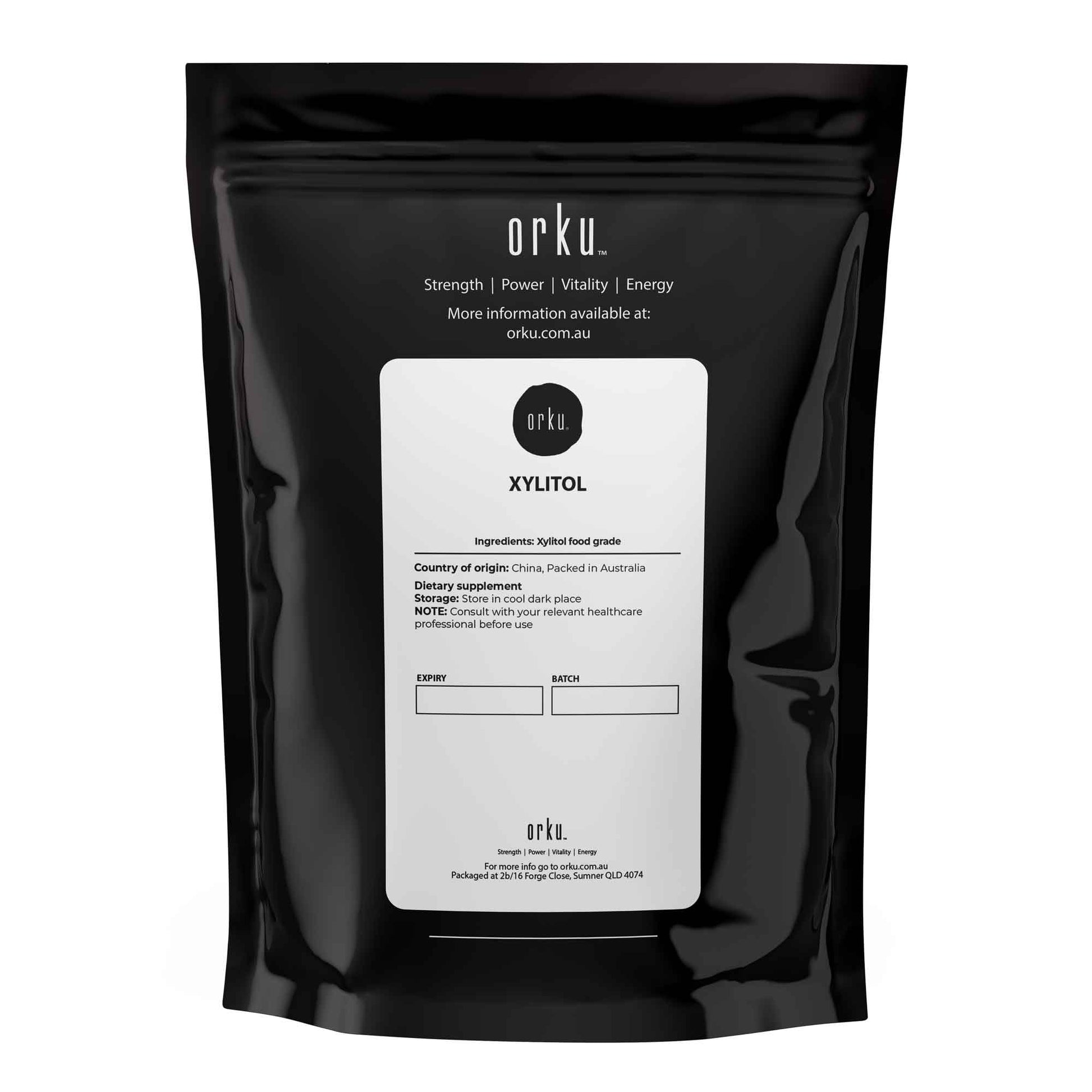 1kg Hlpmedical Xylitol crystal powder, natural sugar substitute for healthy sweetening, USP FCC grade, in a clear bag.