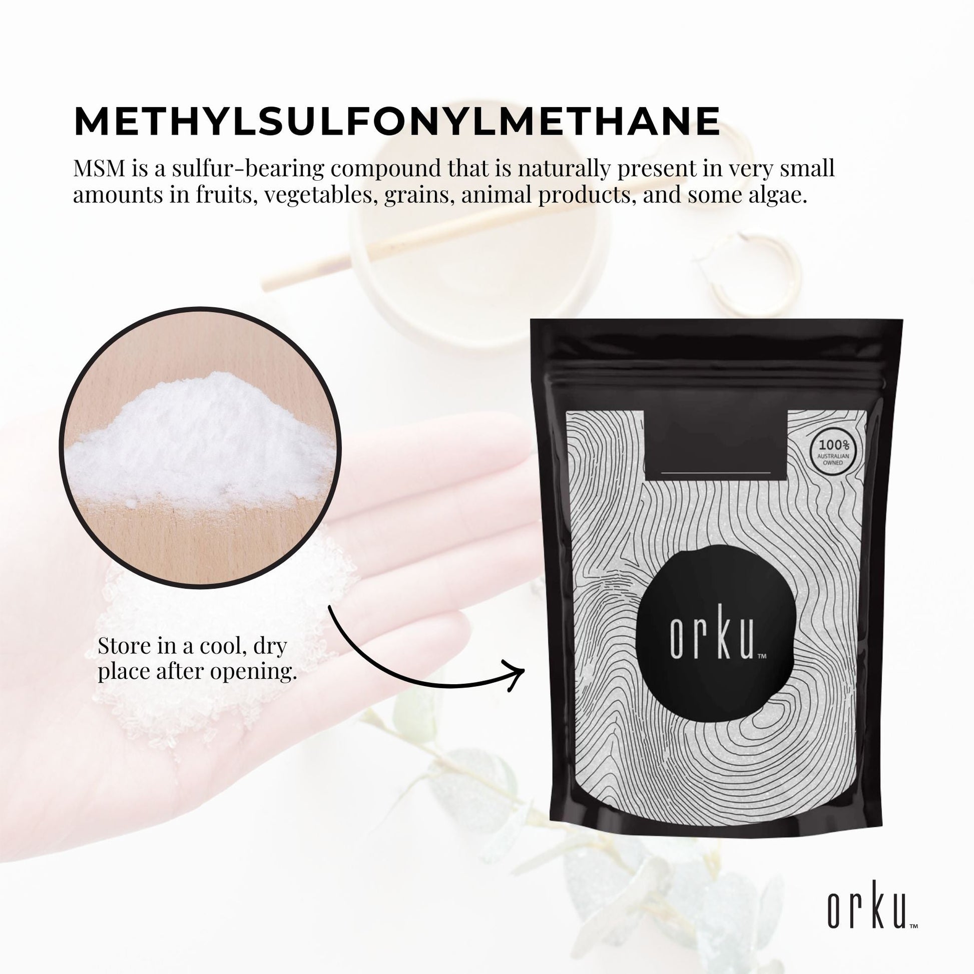400g Hlpmedical MSM powder tub with 99% pure methylsulfonylmethane crystals for health and beauty supplements.