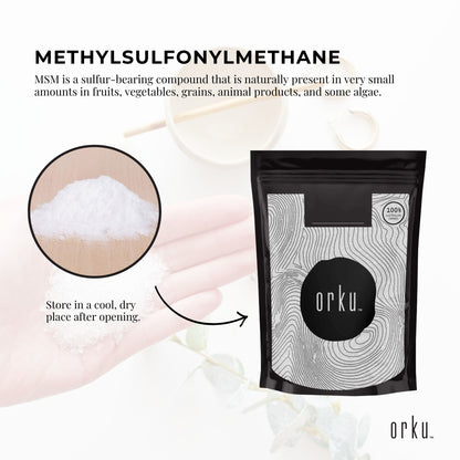400g Hlpmedical MSM powder tub with 99% pure methylsulfonylmethane crystals for health and beauty supplements.