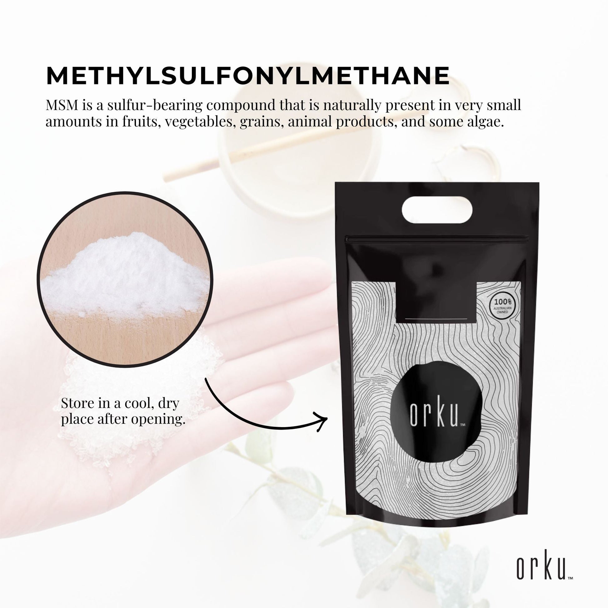 20kg Hlpmedical MSM powder tub with 99% pure methylsulfonylmethane crystals for health and beauty nutrition supplements.
