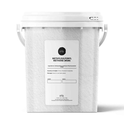 800g Hlpmedical MSM powder tub with 99% pure methylsulfonylmethane crystals for health and beauty supplements.