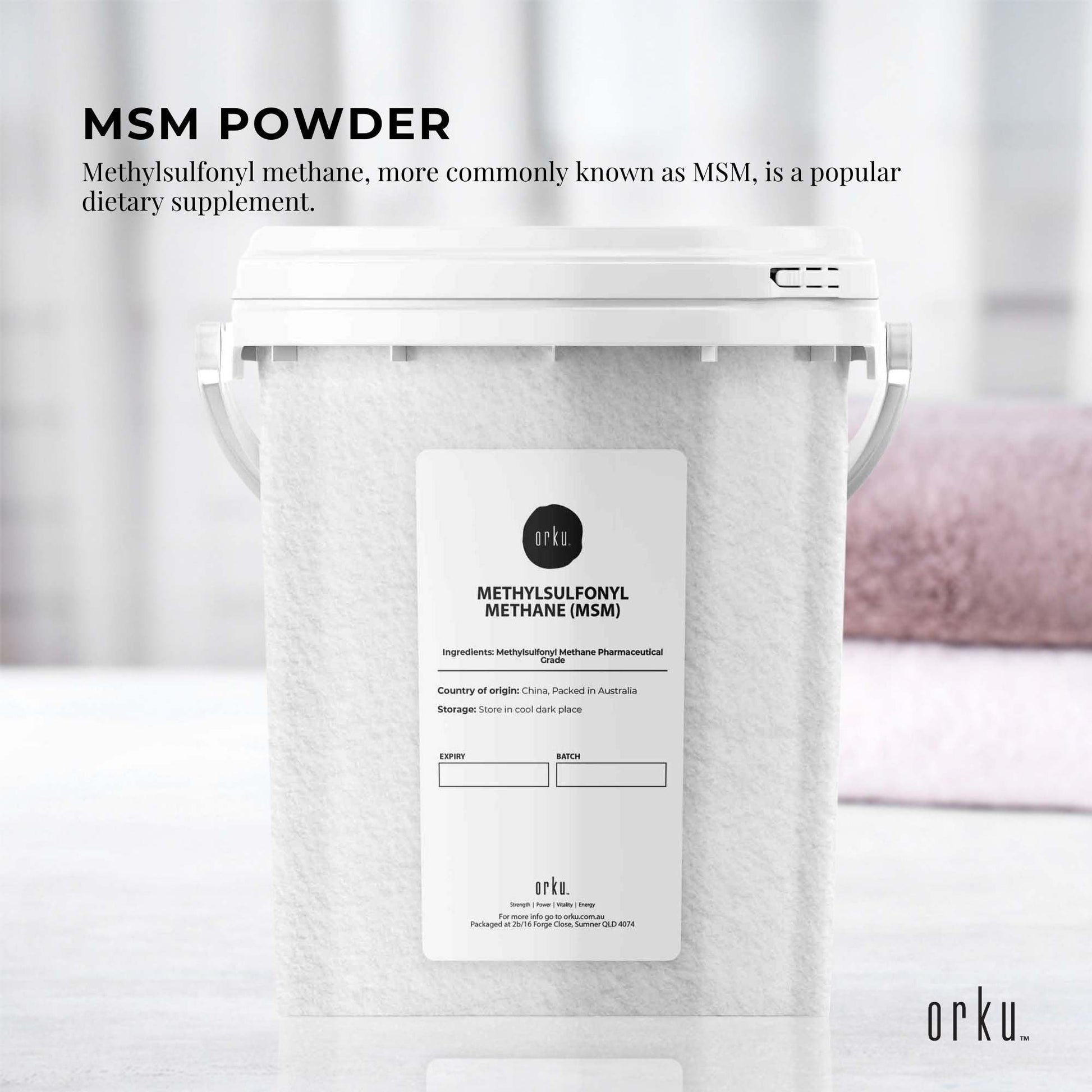 800g tub of Hlpmedical MSM powder, 99% pure methylsulfonylmethane crystals for health and dietary supplements.