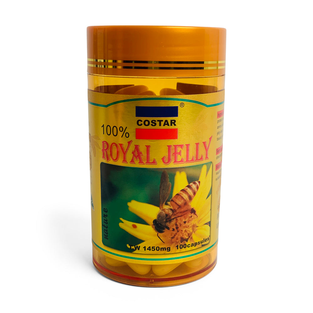 100 royal bee jelly capsules in a bottle, Hlpmedical brand, 1450mg pure bee supplement for health and nutrition.