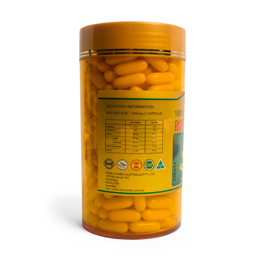 100 royal bee jelly capsules in a bottle, 1450mg pure supplements by Hlpmedical, for health and beauty nutrition.