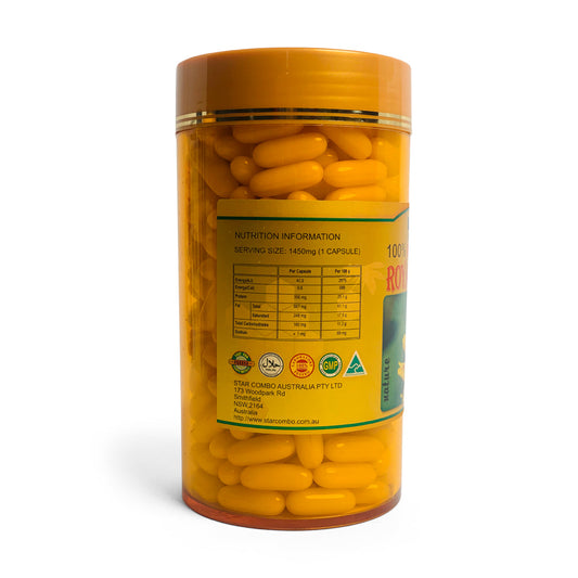 100 royal bee jelly capsules in a bottle, 1450mg pure supplements by Hlpmedical, for health and beauty nutrition.