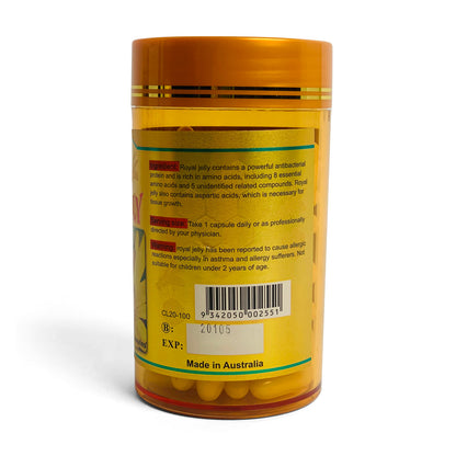 100 royal bee jelly capsules by Hlpmedical, 1450mg each, in clear bottles, highlighting purity and health supplement benefits