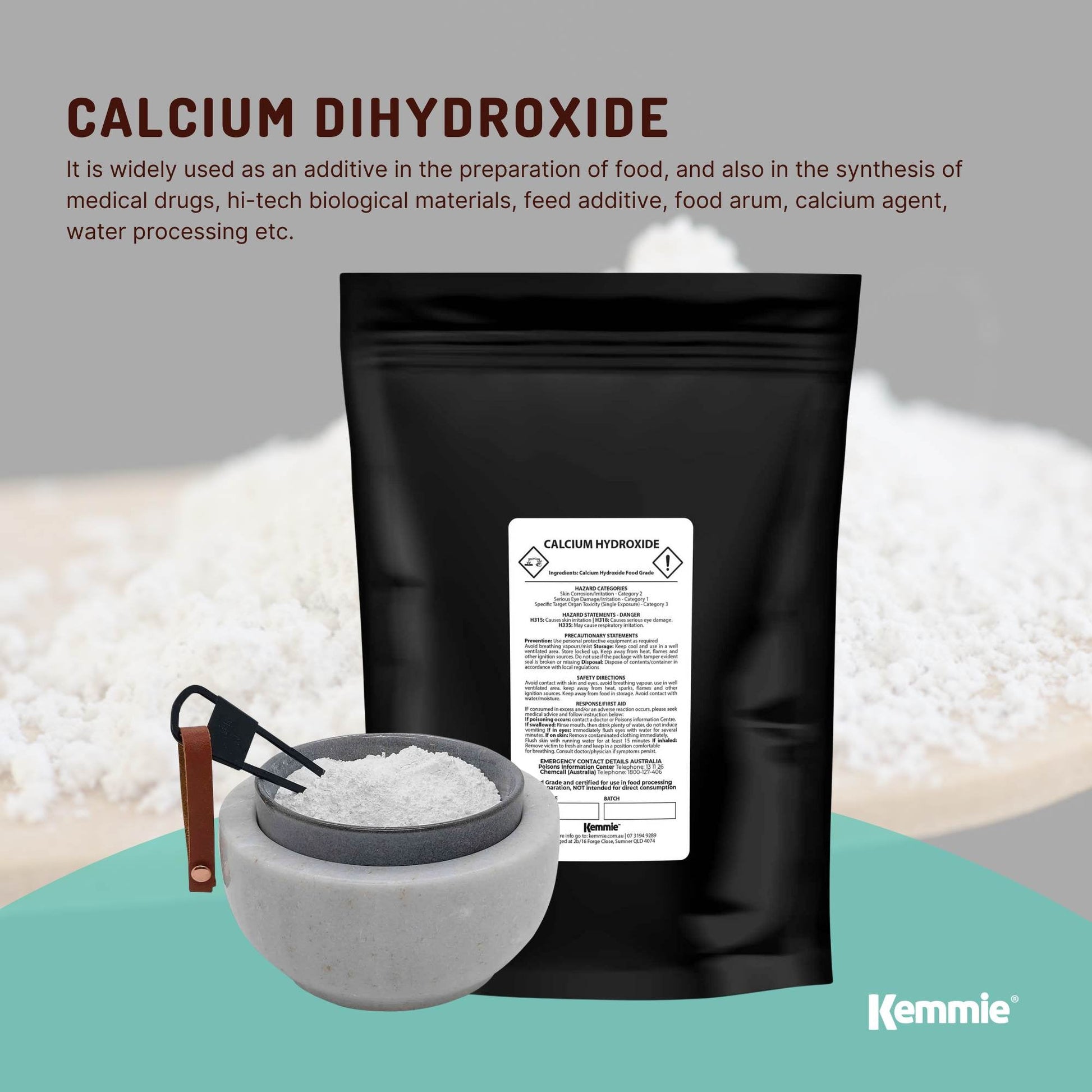Hlpmedical Kemmie 100g calcium hydroxide powder, food grade pickling lime, used in health and dietary supplements.