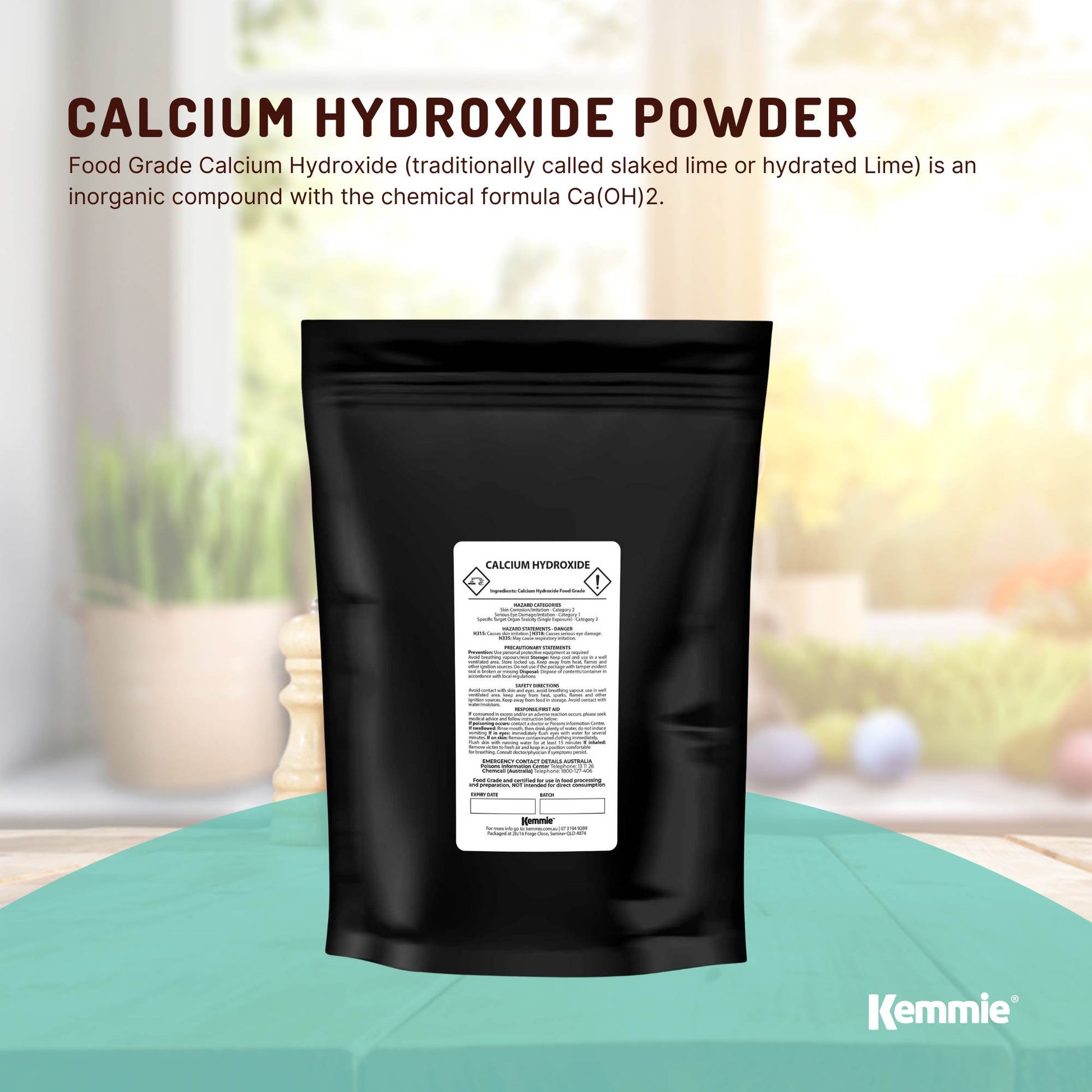 Hlpmedical Kemmie 1kg calcium hydroxide powder for pickling and food preparation, food grade slaked lime in a white powder form.
