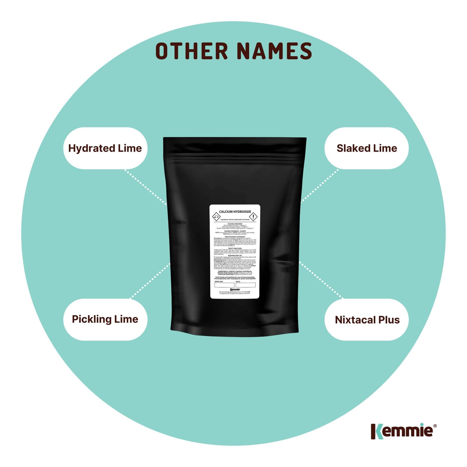 Hlpmedical Kemmie 1kg calcium hydroxide powder for pickling and food use, in a white, granular form ideal for culinary and health applications.