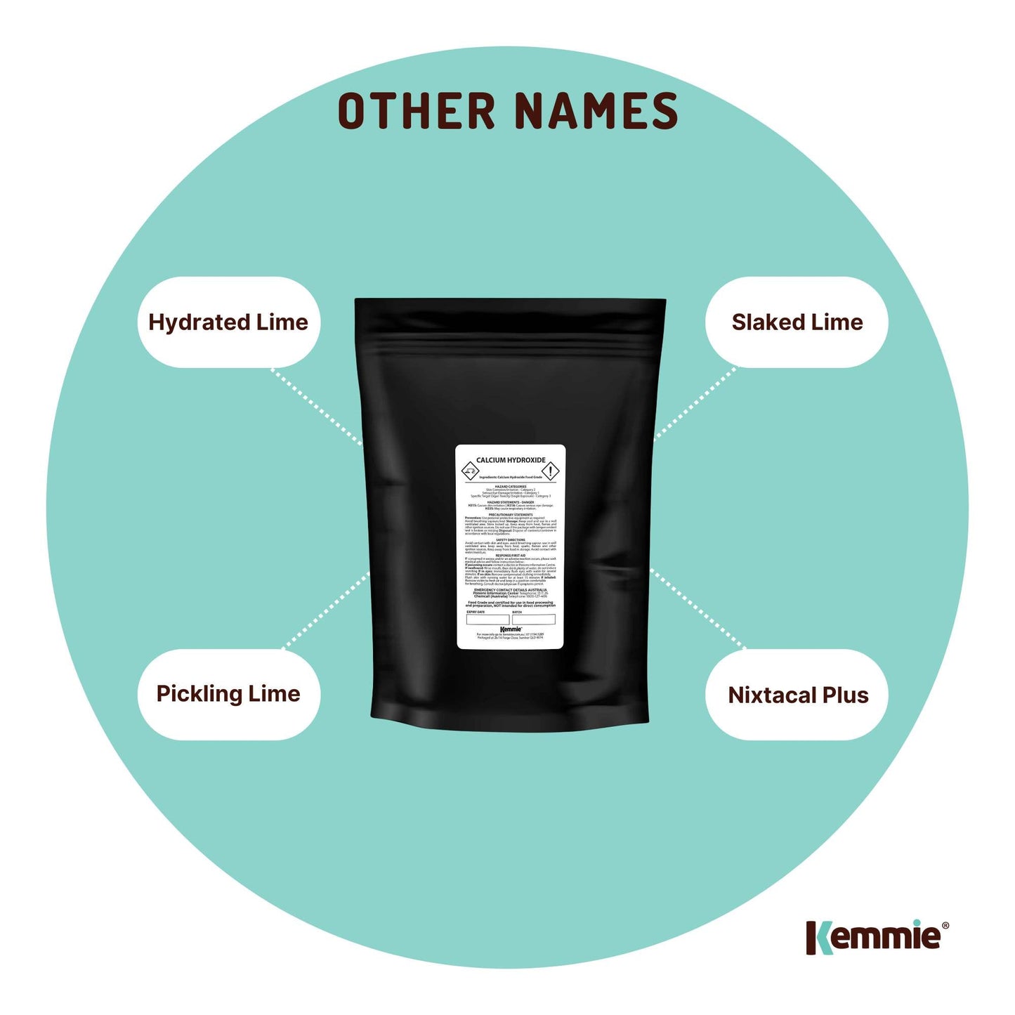 Hlpmedical Kemmie 2kg calcium hydroxide powder, food-grade pickling lime, used in health, nutrition, and food preparation.