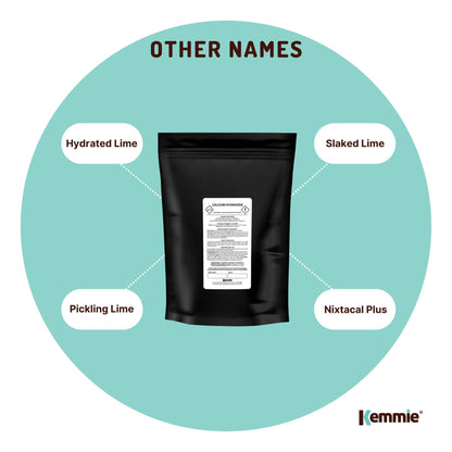 Hlpmedical Kemmie 2kg calcium hydroxide powder, food-grade pickling lime, used in health, nutrition, and food preparation.