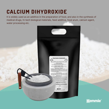 Hlpmedical Kemmie 5kg calcium hydroxide powder, food grade pickling lime, used in health, nutrition, and food preparation.