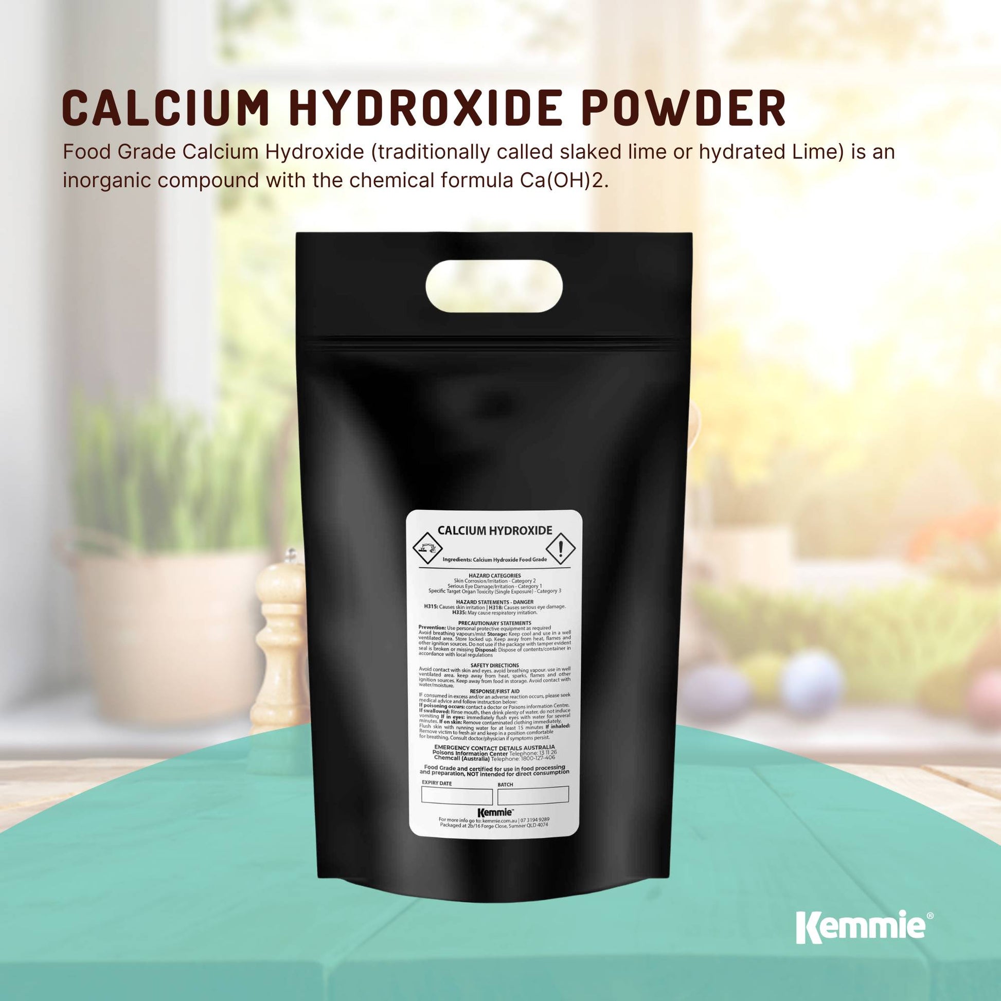 Hlpmedical Kemmie bulk 10kg calcium hydroxide powder, food grade pickling lime, used in health, nutrition, and food preparation.