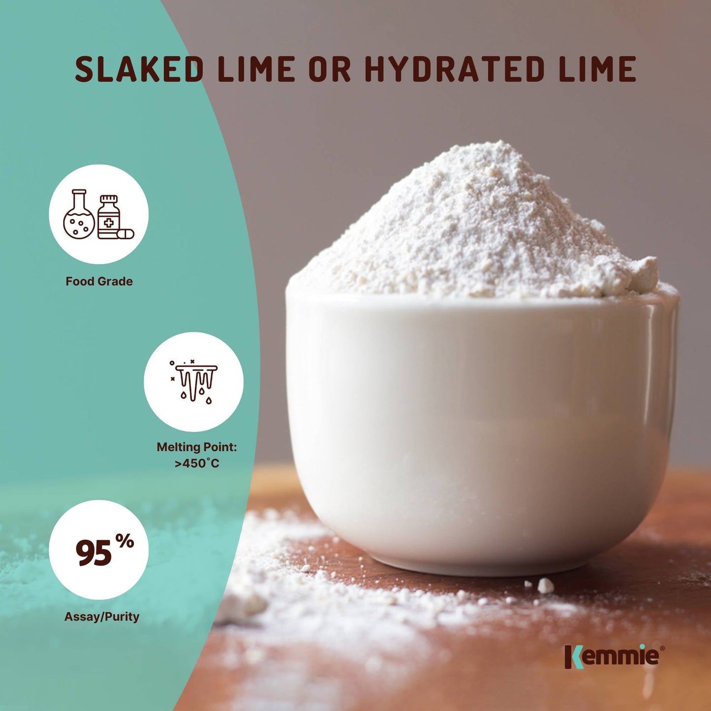 Hlpmedical Kemmie 10kg calcium hydroxide powder for pickling, food grade, slaked lime, used in food preservation and health applications.