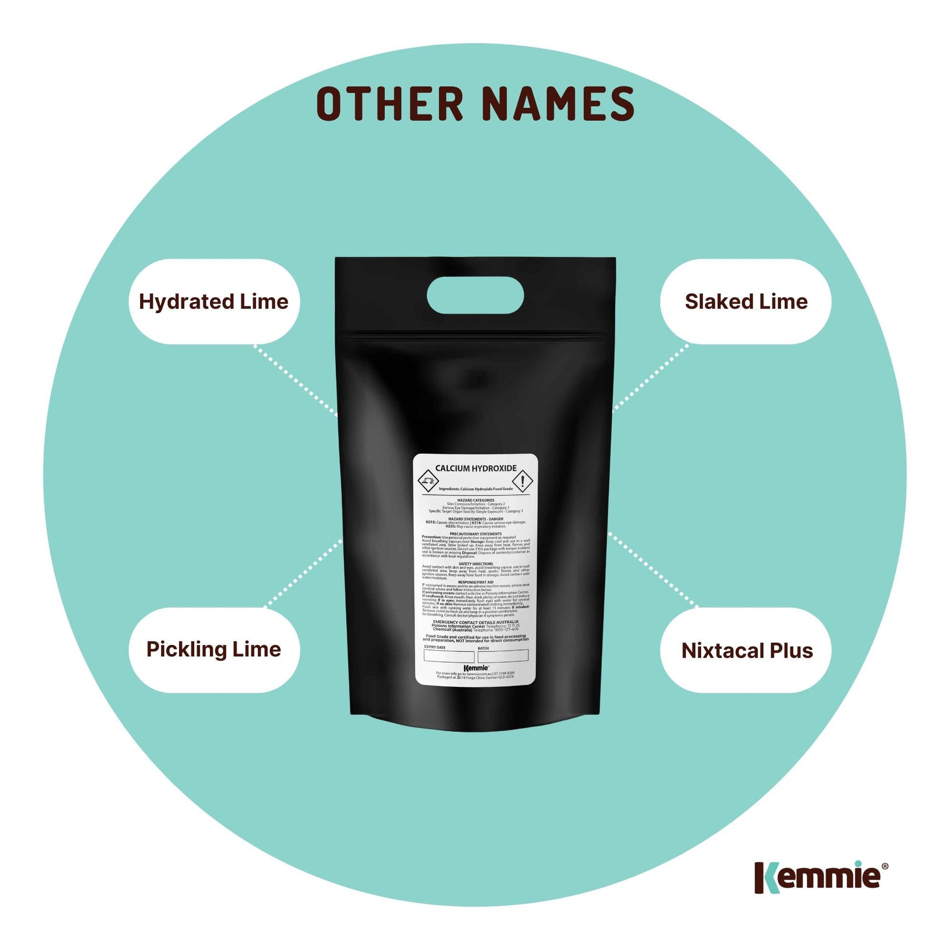 Hlpmedical Kemmie 10kg calcium hydroxide powder for pickling, food grade slaked lime, in a large bulk container.