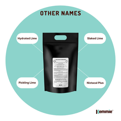 Hlpmedical Kemmie 10kg calcium hydroxide powder for pickling, food grade slaked lime, in a large bulk container.