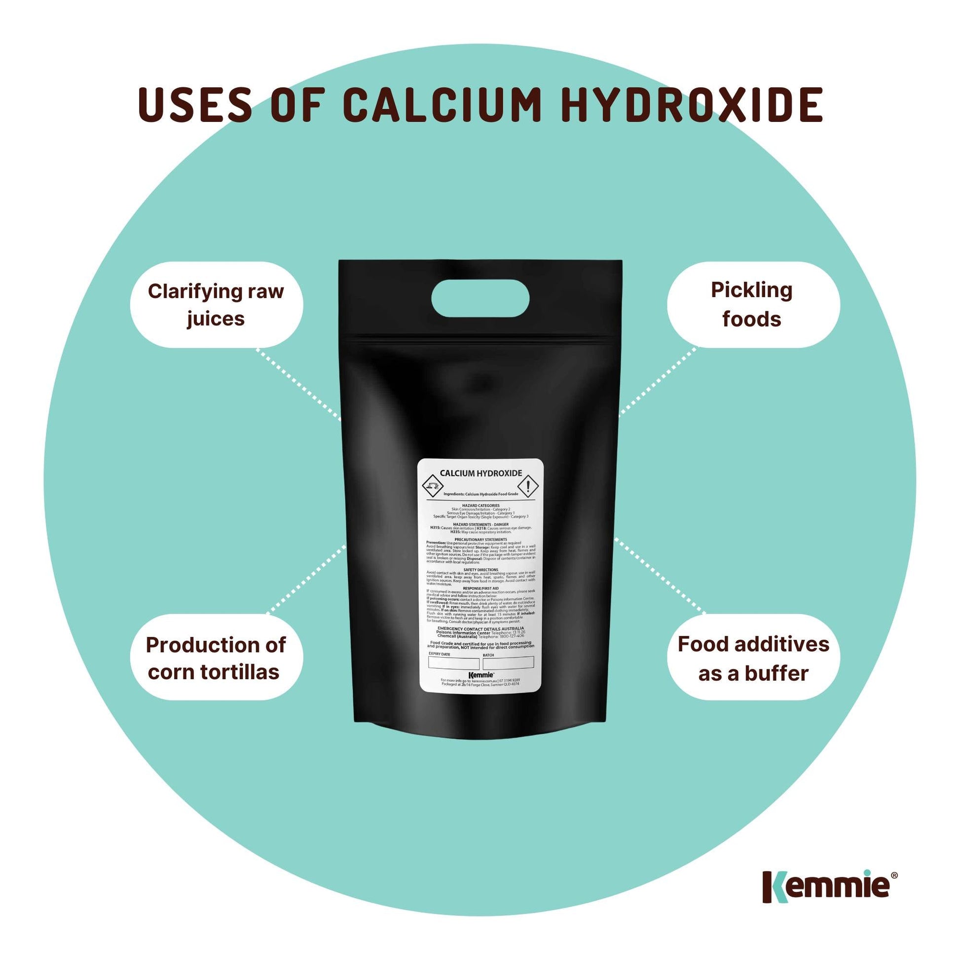 Hlpmedical Kemmie 10kg calcium hydroxide powder, food grade pickling lime, slaked for use in health, beauty, and nutritional applications.
