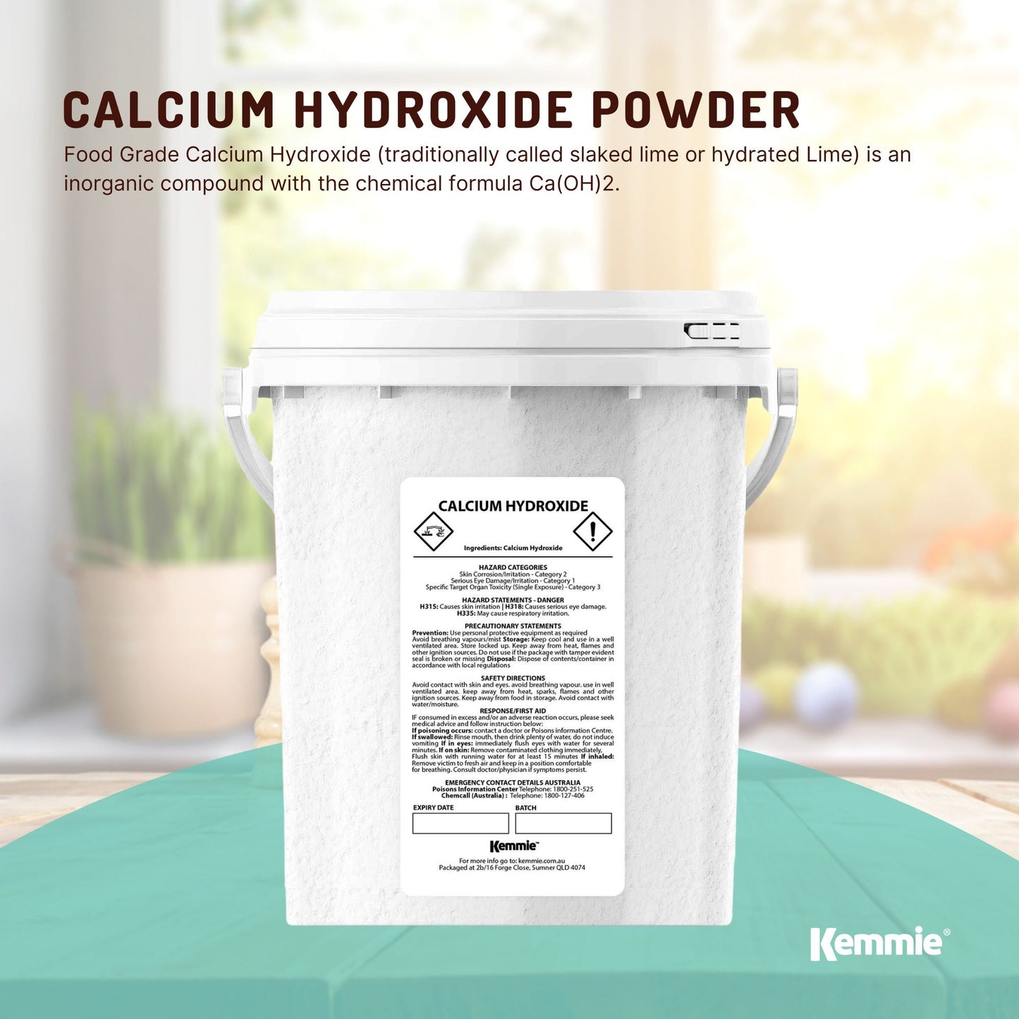 Hlpmedical Kemmie 600g calcium hydroxide powder tub for food-grade pickling lime, used in food preservation and preparation.
