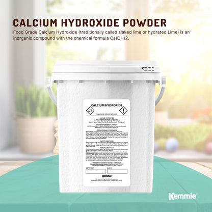 Hlpmedical Kemmie 600g calcium hydroxide powder tub for food-grade pickling lime, used in food preservation and preparation.