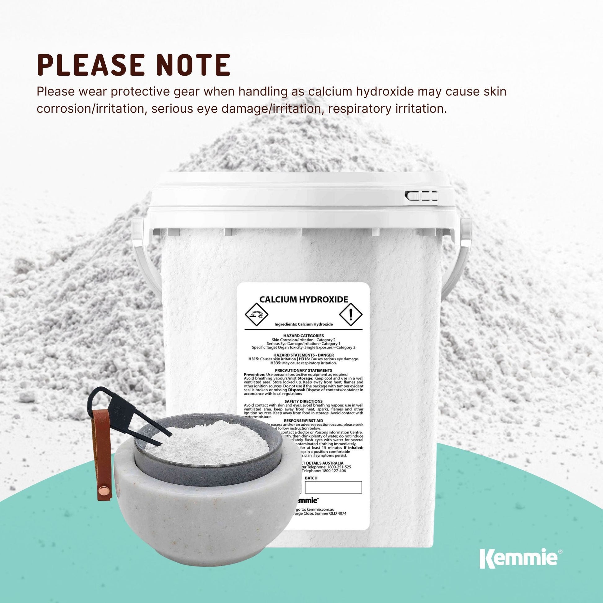 Hlpmedical Kemmie 600g calcium hydroxide powder tub for food-grade pickling lime, shown in white powder form.