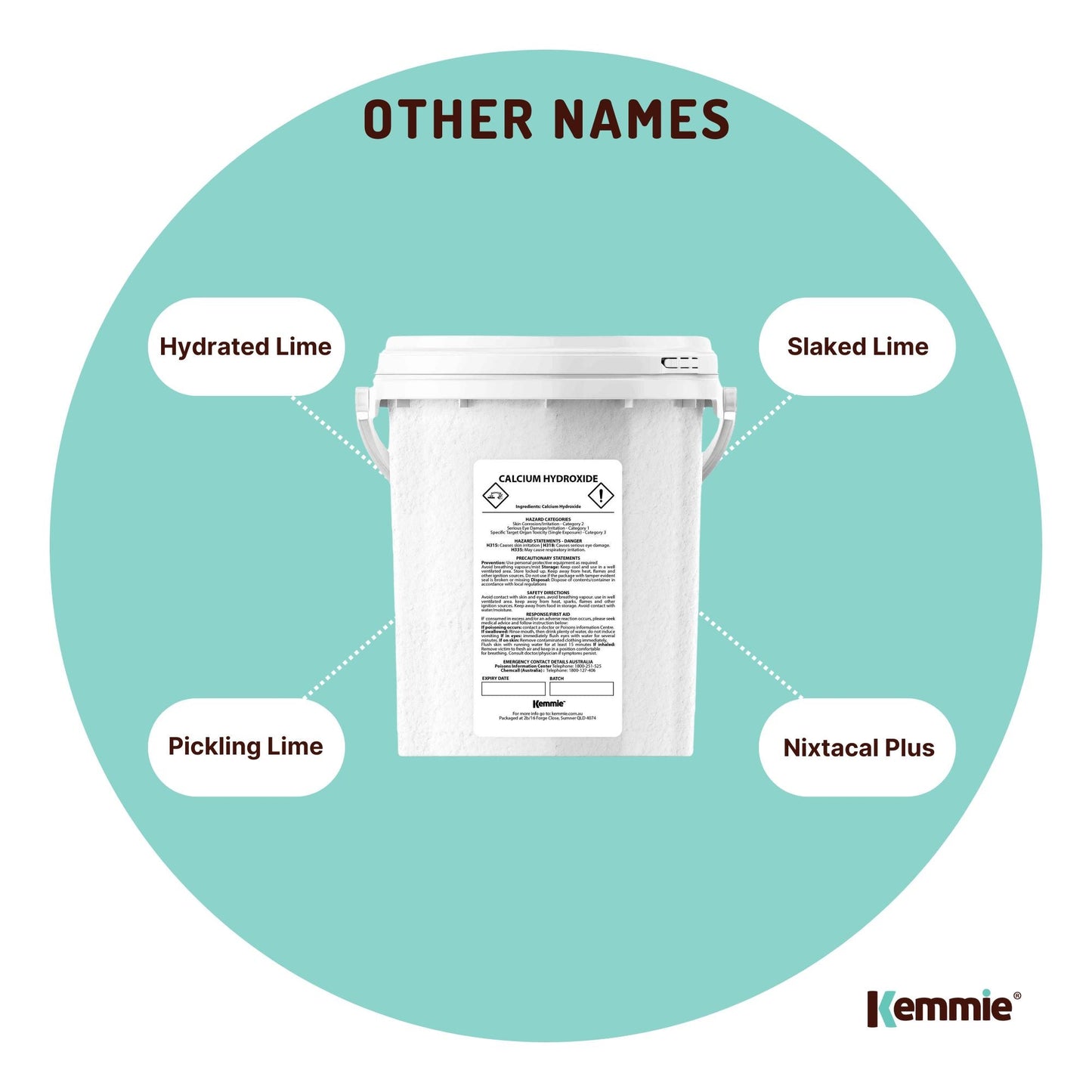 Hlpmedical Kemmie 600g calcium hydroxide powder tub for food-grade pickling lime, used in nutrition and food preparation.