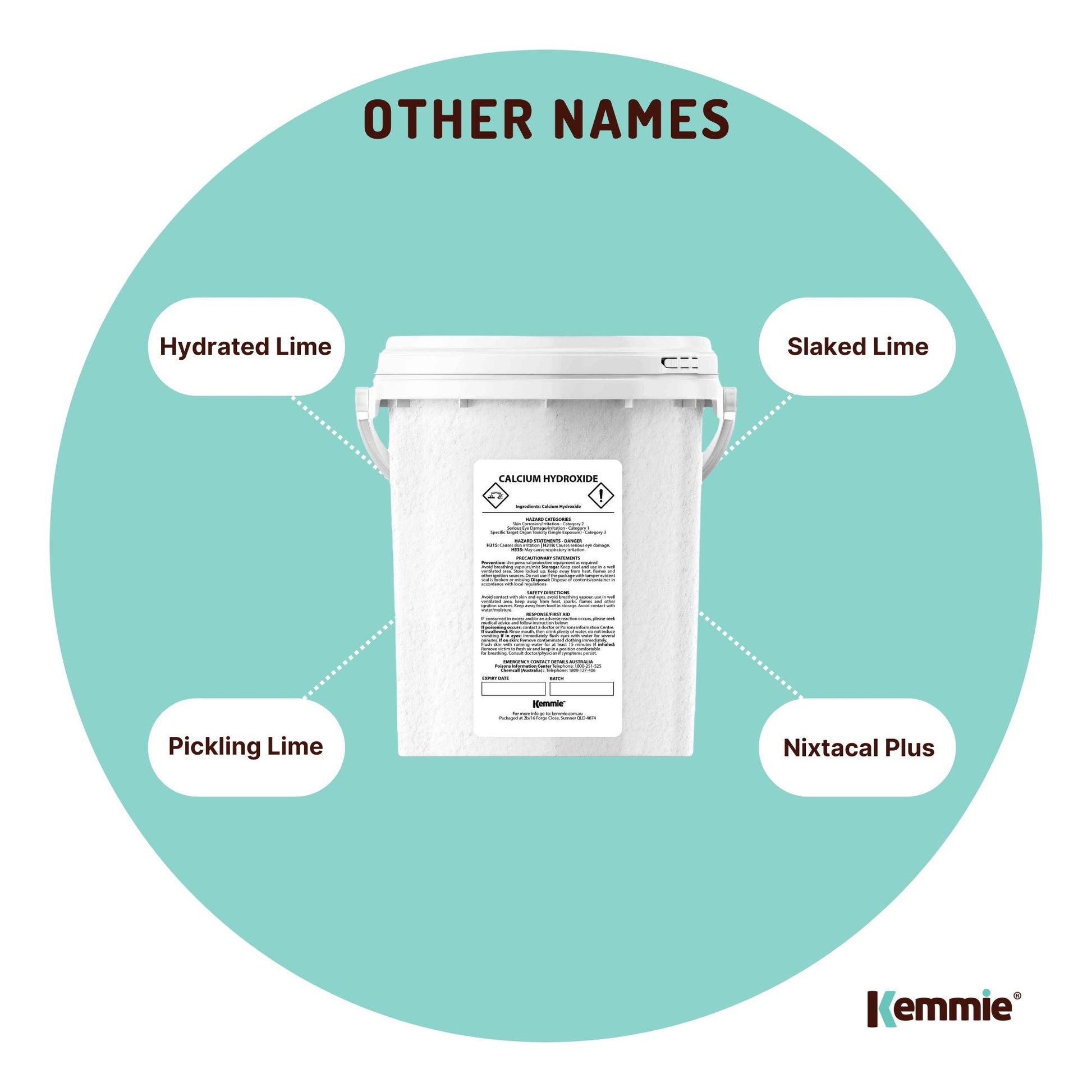 Hlpmedical Kemmie 600g calcium hydroxide powder tub for food-grade pickling lime, used in nutrition and food preparation.