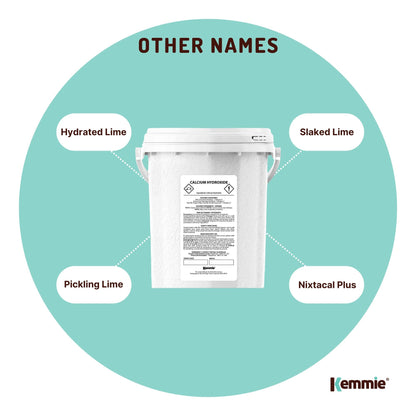 Hlpmedical Kemmie 600g calcium hydroxide powder tub for food-grade pickling lime, used in nutrition and food preparation.