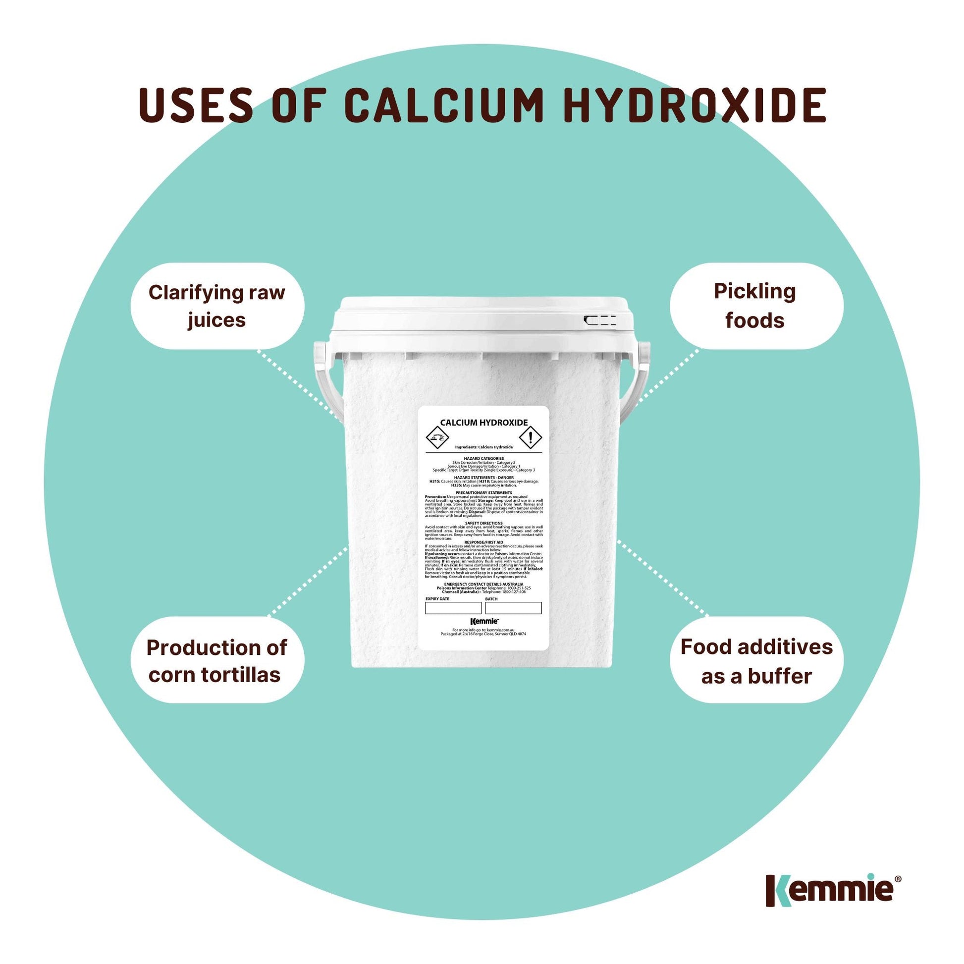 Hlpmedical Kemmie 600g calcium hydroxide powder tub for food-grade pickling lime, used in nutritional and supplement applications